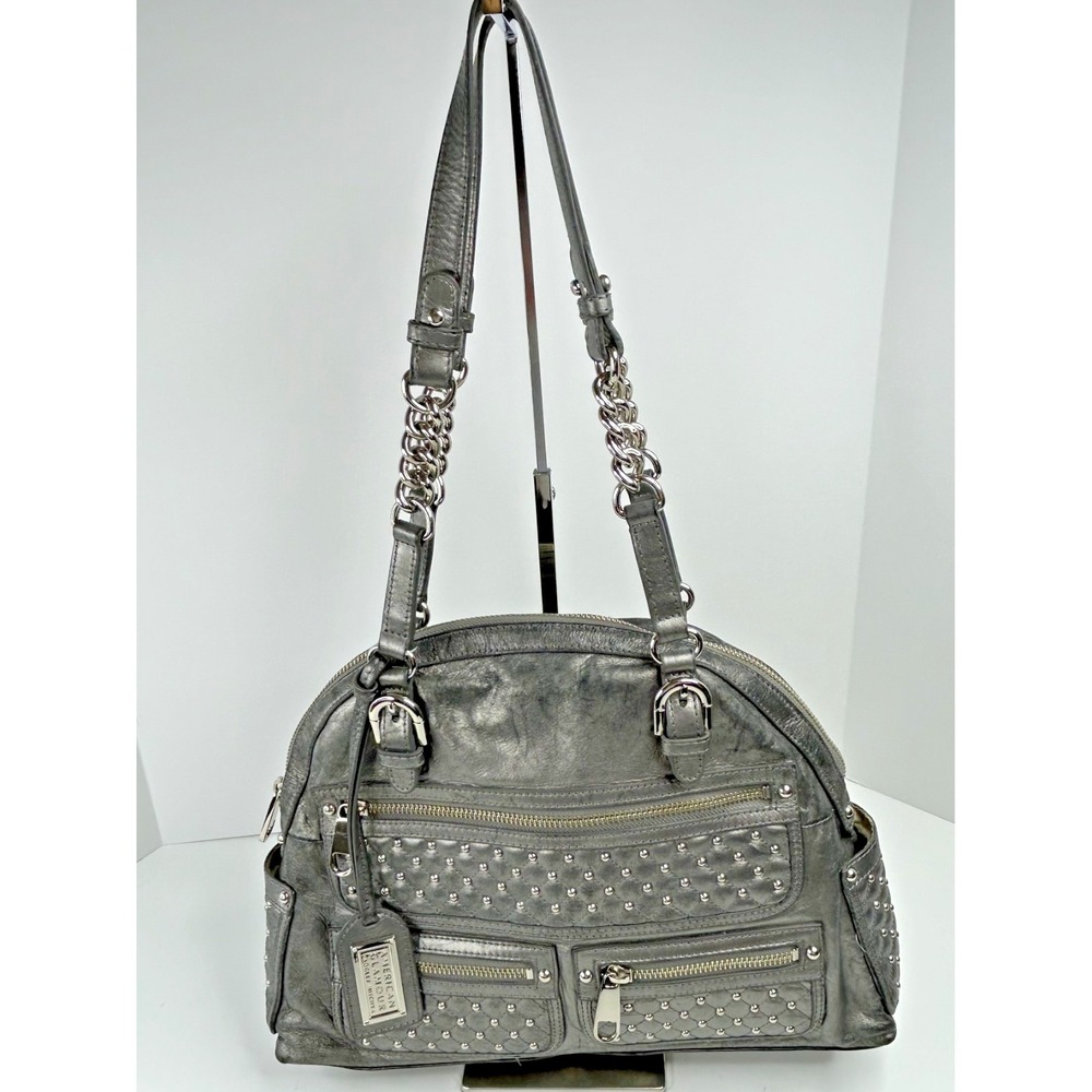 American Glamour Badgley Mischka Silver Metallic Leather Studded Handbag Large